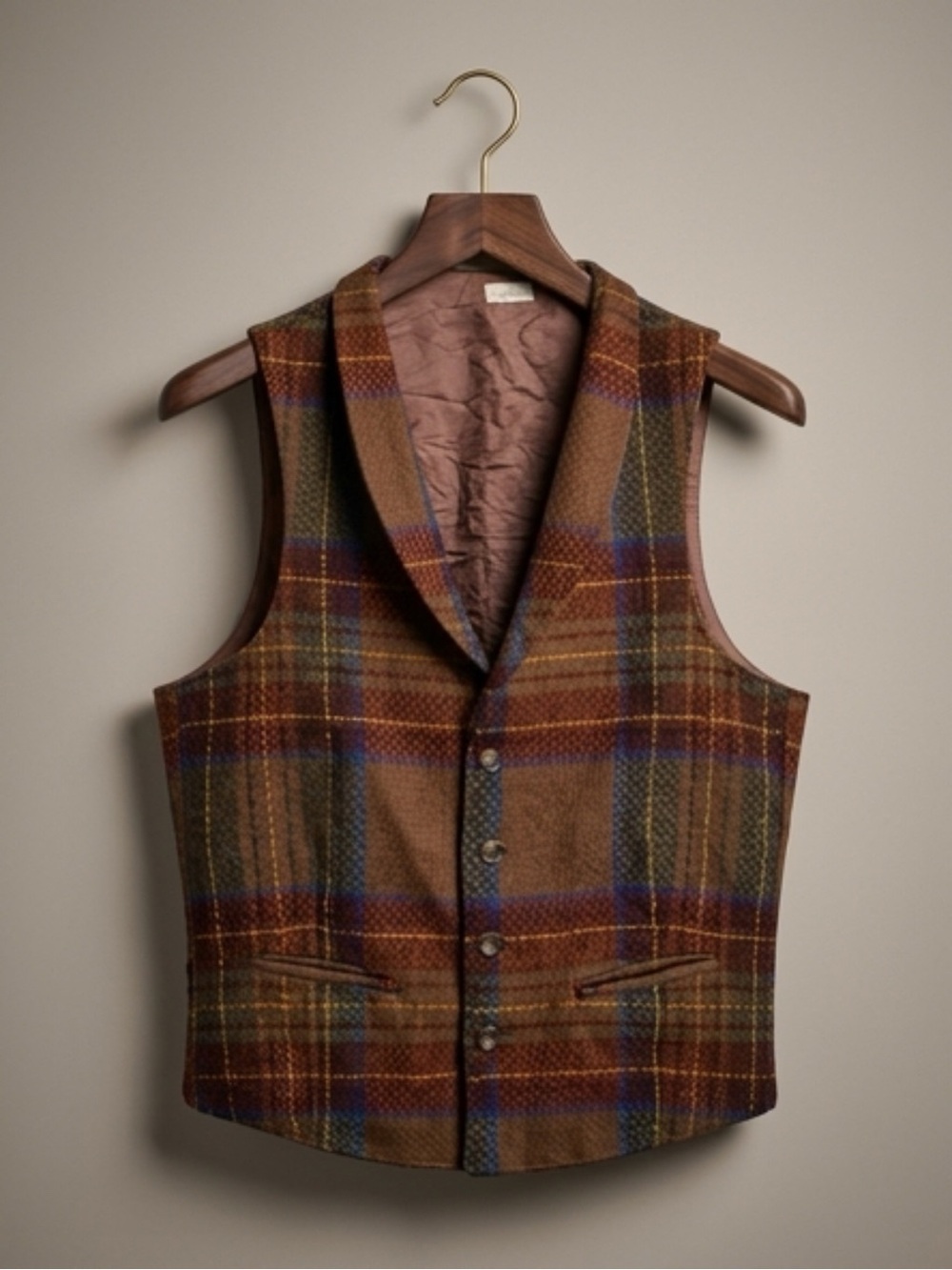 Brown Plaid Wool Vest with Blue & Green Accents